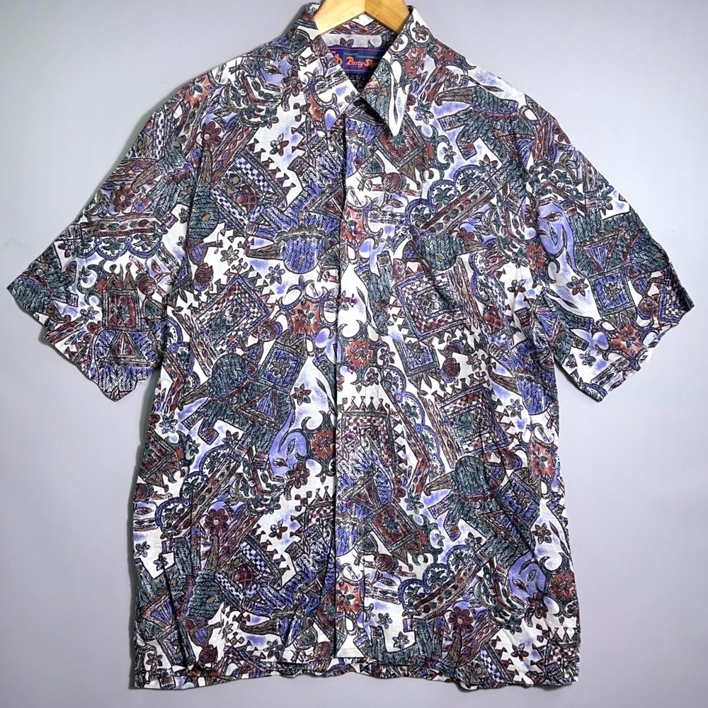 Vintage Party Shirt Mens Size Large Rayon Abstract Geometric Silk‎ Lightweight